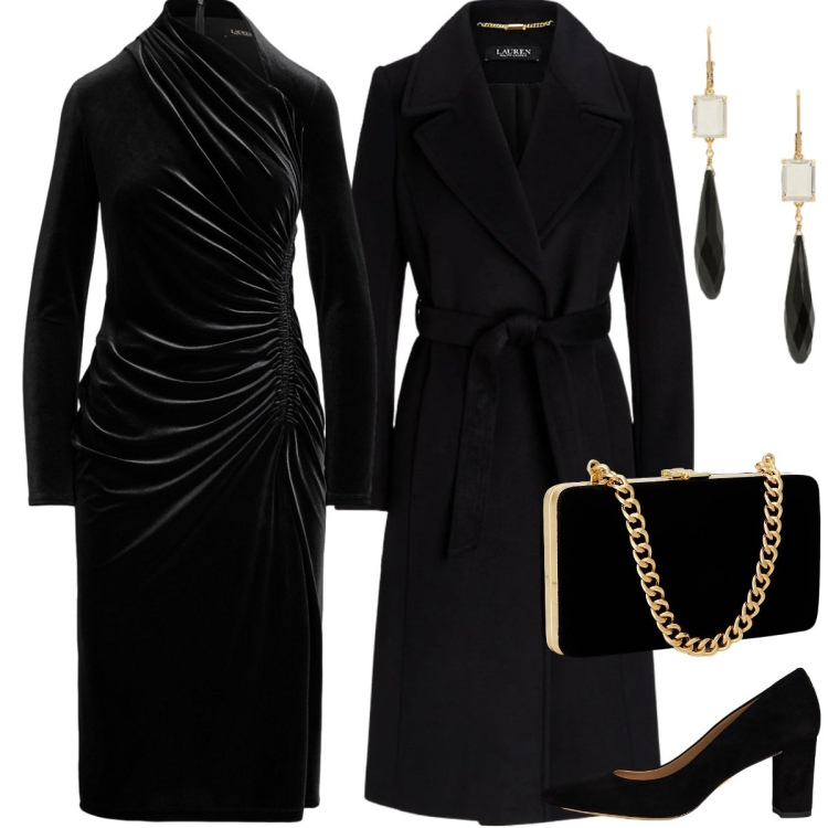 Outfit donna - Serata elegante in lana e velluto-curvy. Stile Chic per Serata fuori. Abbinamento con décolleté, orecchini, vestiti asimmetrici, clutch, cappotti.