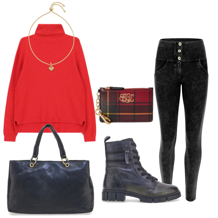 Outfit donna - Total look #2321477. Stile Minimal per Tutti i giorni. Abbinamento con maglieria, pantaloni skinny, braccialetti, portafogli, borse a mano, anfibi.