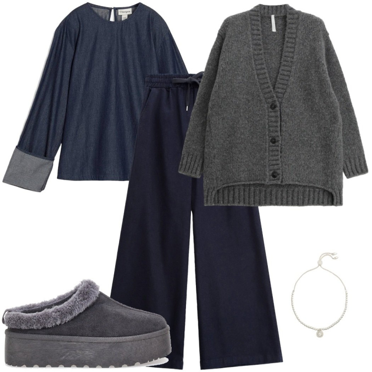 Outfit donna - Minimal cozy. Stile Minimal per Tutti i giorni. Abbinamento con bluse, jeans, cardigans, braccialetti, pantofole.