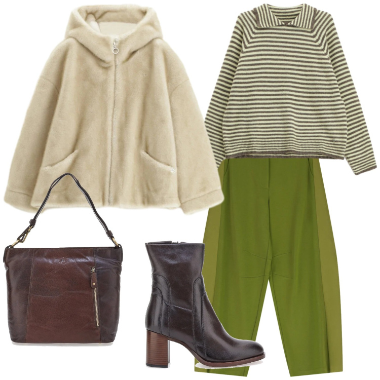 Outfit donna - Pronta per il lunedì. Stile Casual per Tutti i giorni. Abbinamento con maglieria, blazer, pantaloni, stivaletti, borse a spalla.