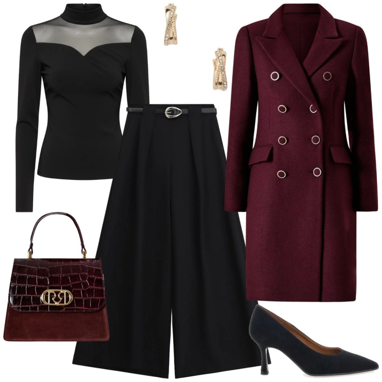 Outfit donna - Serata elegante in lana e velluto-curvy. Stile Chic per Serata fuori. Abbinamento con pantaloni a palazzo, orecchini, cappotti, bluse, borse a mano, décolleté.