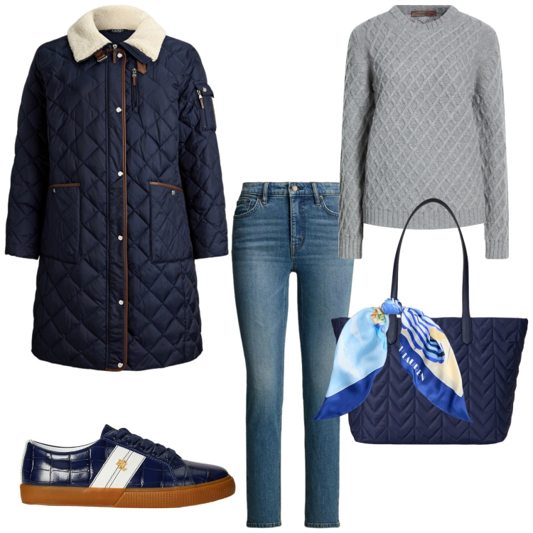 Outfit donna - Total look #2321490. Stile Minimal per Tutti i giorni. Abbinamento con pullovers, sneakers, jeans dritti, foulard, borse tote, piumini.