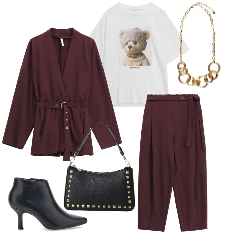 Outfit donna - Total look #2321494. Stile Glamour per Serata fuori. Abbinamento con t-shirt, pochette, pantaloni, blazer, stivaletti, collane.