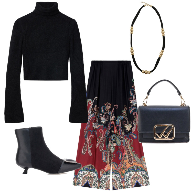 Outfit donna - Total look #2321502. Stile Trendy per Serata fuori. Abbinamento con maglieria, pantaloni a palazzo, collane, stivaletti, borse a tracolla.