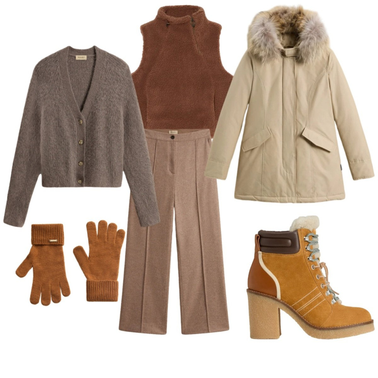 Outfit donna - Per un freddo gennaio. Stile Casual chic per Scuola/Università. Abbinamento con parka, stivaletti, guanti, pantaloni, cardigans, gilet.