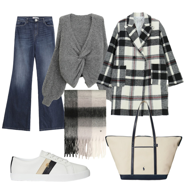 Outfit donna - I\'m OK. Stile Urban per Tutti i giorni. Abbinamento con cappotti, cardigans, jeans a zampa, sciarpe, sneakers, borse tote.