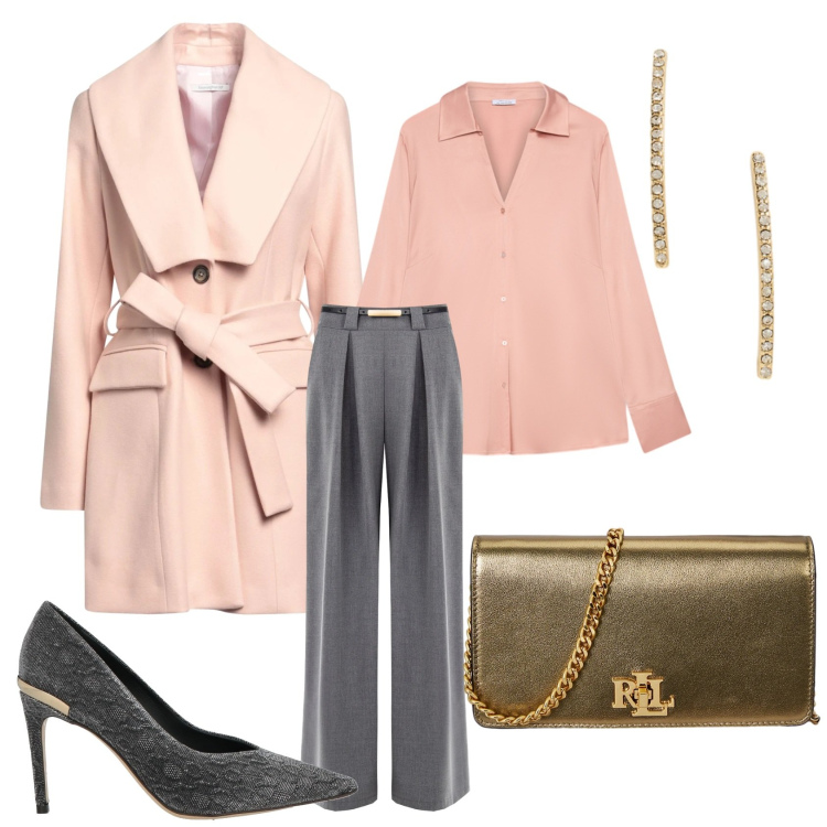 Outfit donna - In rosa per il cocktail party. Stile Bon Ton per Serata fuori. Abbinamento con cappotti, décolleté, pantaloni a palazzo, orecchini, borse a mano, camicie.