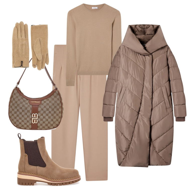 Outfit donna - Giornate fredde, colori caldi. Stile Casual per Tutti i giorni. Abbinamento con cappotti, pantaloni chino, maglieria, stivaletti chelsea, borse a spalla, guanti.