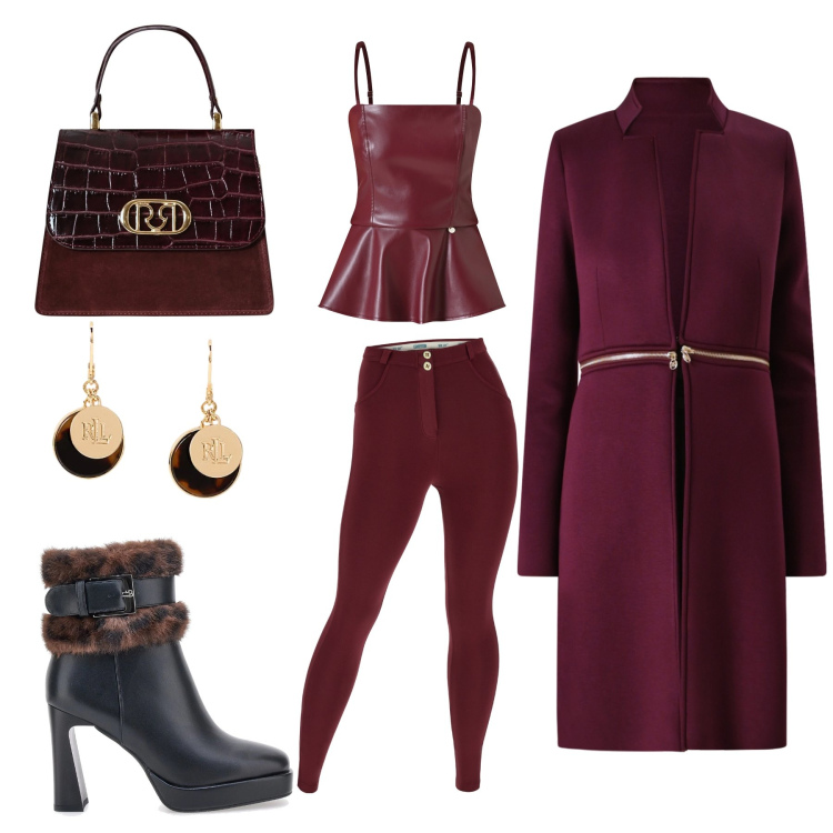 Outfit donna - Deep Cherry. Stile Casual chic per Tutti i giorni. Abbinamento con pantaloni skinny, orecchini, cappotti, top, borse a mano, stivaletti.