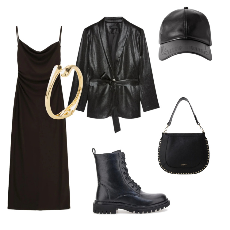 Outfit donna - Comoda e sexi. Stile Sporty chic per Serata fuori. Abbinamento con braccialetti, cappelli con visiera, vestiti, borse a spalla, anfibi, blazer.