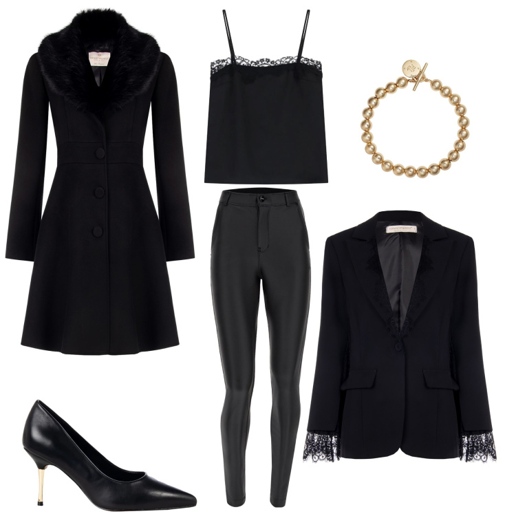 Outfit donna - Winter in Black. Stile Casual chic Abbinamento con canottiere, pantaloni skinny, braccialetti, cappotti, décolleté, blazer.