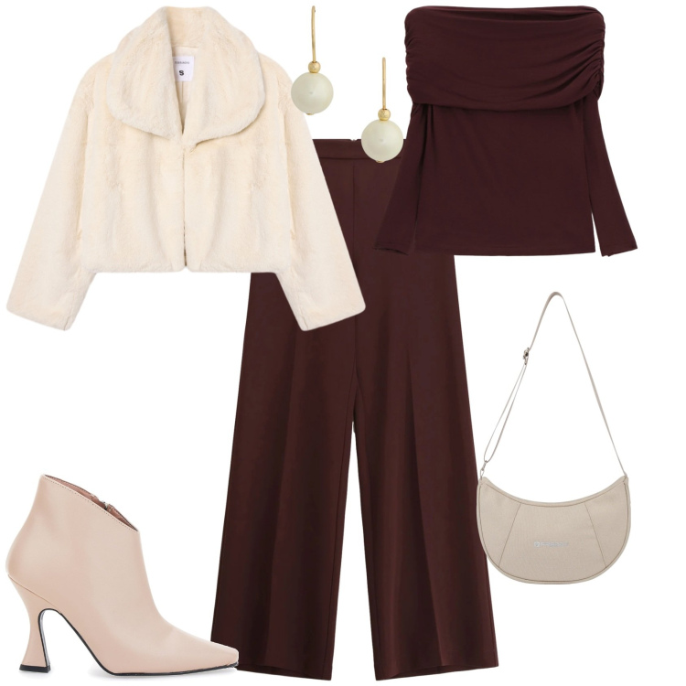 Outfit donna - Sporty chic serata evento speciale. Stile Sporty chic per Serata fuori. Abbinamento con ecopellicce, maglieria, pantaloni, borse a spalla, orecchini, stivaletti.