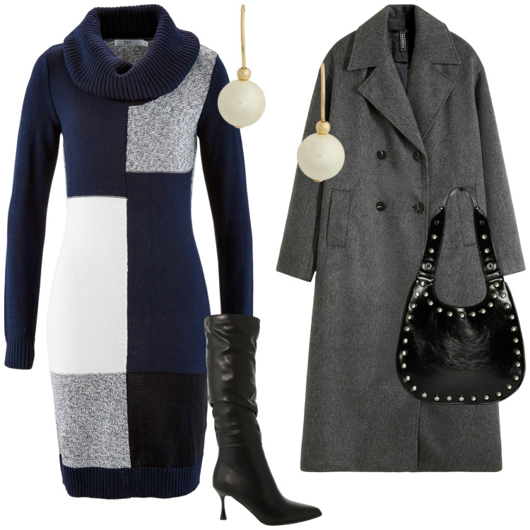 Outfit donna - Il vestito di lana. per Tutti i giorni. Abbinamento con vestiti midi/longuette, cappotti, stivali sopra il ginocchio, orecchini, borse a spalla.