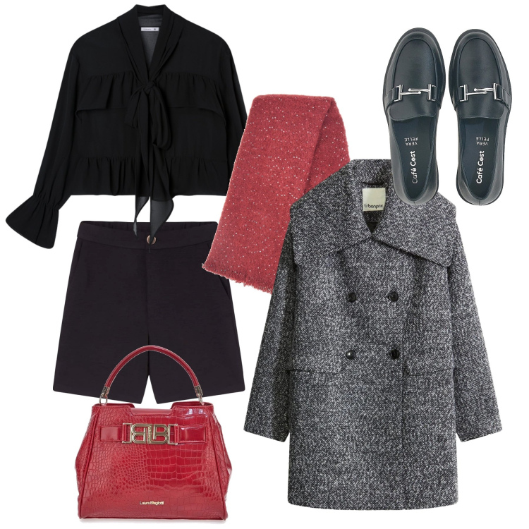 Outfit donna - Bermuda chic. Stile Glamour per Serata fuori. Abbinamento con cappotti, bermuda, camicie, mocassini, borse a mano, sciarpe.