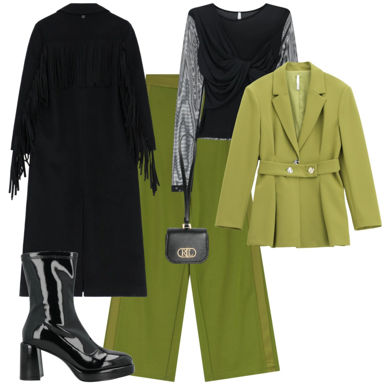 Outfit donna - Casual chic serata evento. Stile Casual chic per Serata fuori. Abbinamento con stivaletti, cappotti, blazer, pantaloni a palazzo, top, pochette.