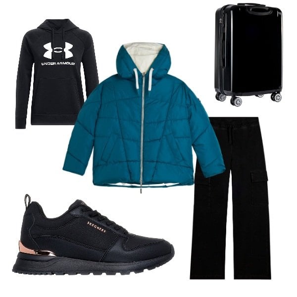 Outfit donna - In aeroporto. Stile Sporty chic per Tutti i giorni. Abbinamento con piumini, valigie, pantaloni cargo, felpe con cappuccio, sneakers.
