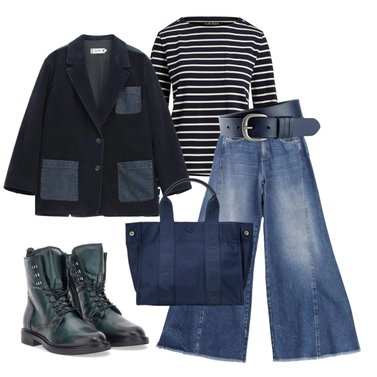 Outfit donna - Total look #2321546. Stile Urban per Tutti i giorni. Abbinamento con cinture, jeans a zampa, blazer, borse tote, maglieria, anfibi.