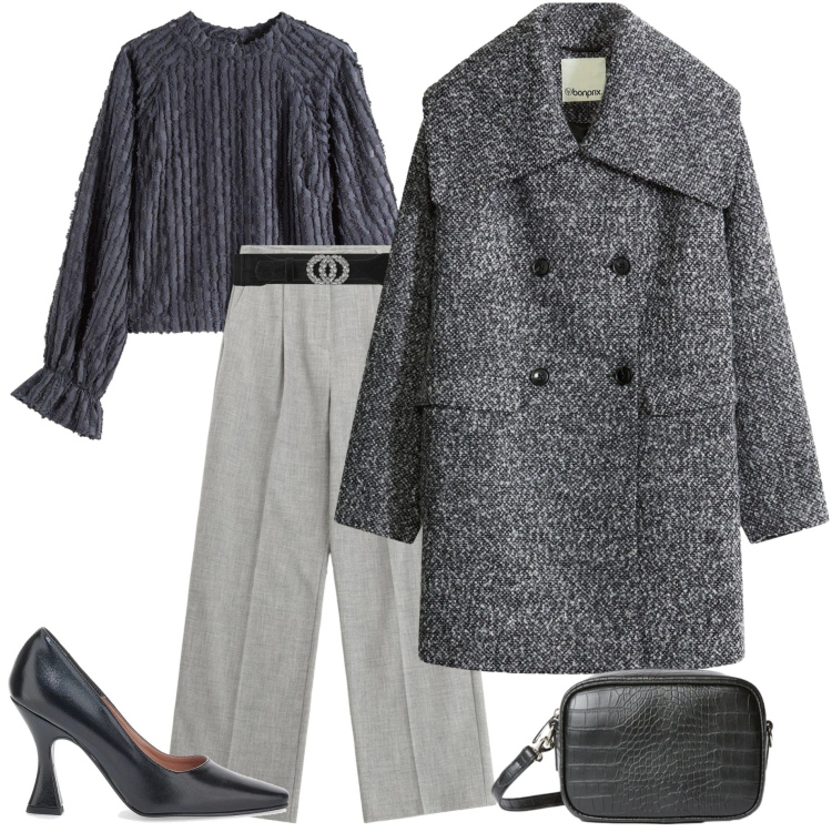 Outfit donna - Serata elegante. Stile Chic per Serata fuori. Abbinamento con cappotti, bluse, cinture, pantaloni, décolleté, borse a tracolla.
