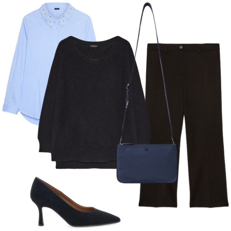 Outfit donna - Total look #2321548. Stile Casual chic per Ufficio. Abbinamento con borse a tracolla, camicie, pullovers, décolleté, pantaloni.