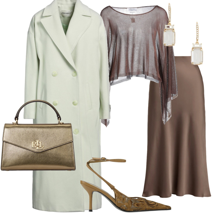 Outfit donna - Serata elegante. Stile Chic per Cerimonia. Abbinamento con pullovers, décolleté, cappotti, orecchini, gonne, borse a mano.