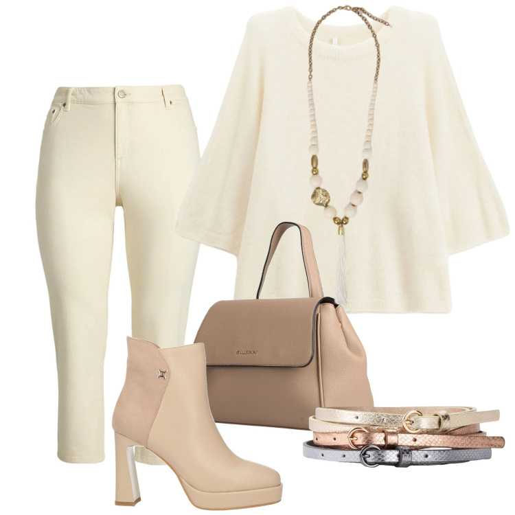 Outfit donna - Total look #2321551. Stile Trendy per Tutti i giorni. Abbinamento con cinture, stivaletti, zaini, maglieria, jeans dritti, ciondoli.