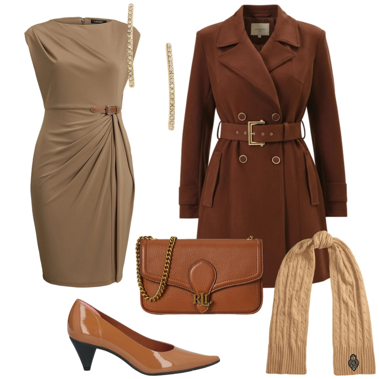 Outfit donna - Total look #2321552. Stile Chic per Cerimonia. Abbinamento con décolleté, orecchini, clutch, vestiti, sciarpe, trench.