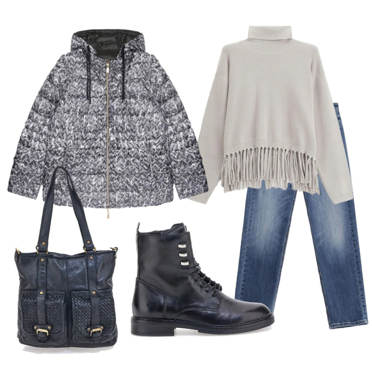 Outfit donna - Total look #2321553. Stile Casual chic per Tutti i giorni. Abbinamento con maglieria, jeans, borse a spalla, piumini, anfibi.