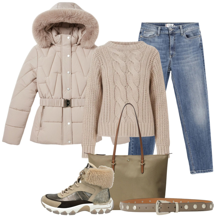Outfit donna - Total look #2321555. Stile Urban per Tutti i giorni. Abbinamento con jeans skinny, cinture, borse tote, piumini, maglieria, anfibi.