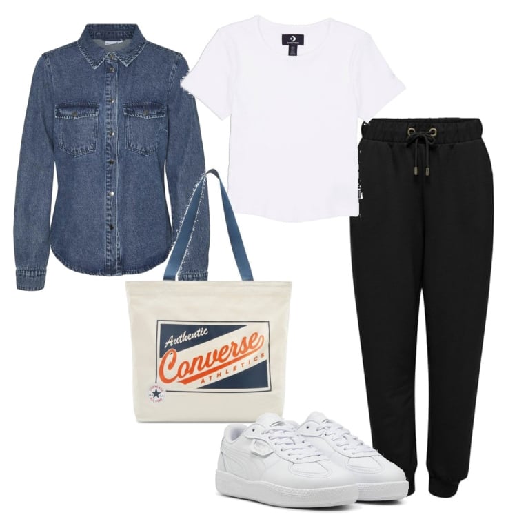 Outfit mujer - Basic #304. Estilo Basic para Todos los días. Combinación con camisas, pantalones, sneakers, camiseta, bolso tote.