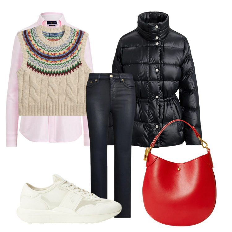 Outfit donna - Casual mood. Stile Casual per Tutti i giorni. Abbinamento con camicie, jeans dritti, sneakers, pochette, piumini, maglieria.