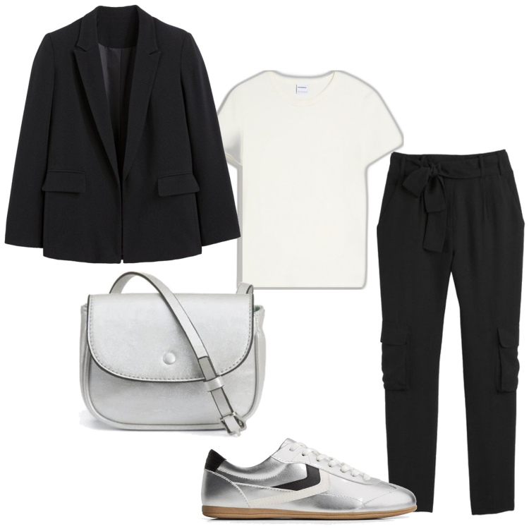 Outfit mujer - Minimal #192. Estilo Minimal para Oficina. Combinación con pantalones, camiseta, blazers, bolsos de mano, sneakers.