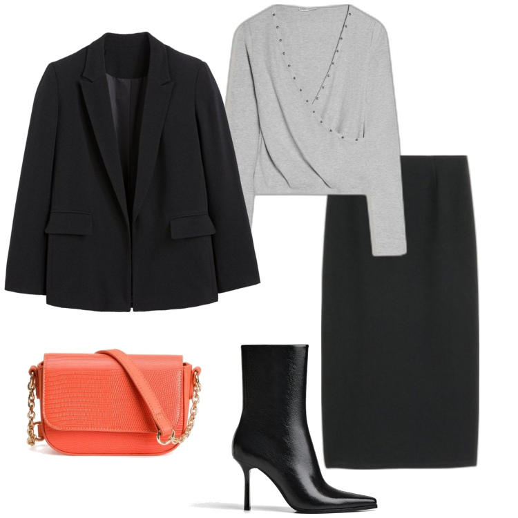 Outfit mujer - Minimal #193. Estilo Minimal para Oficina. Combinación con blazers, botines, camiseta, bandoleras, faldas largas.
