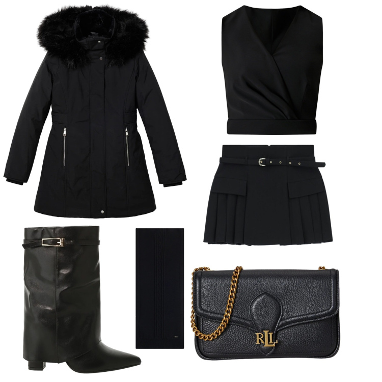 Outfit donna - Elegante. Stile Sexy per Serata fuori. Abbinamento con parka, stivali, minigonne, sciarpe, clutch, top.