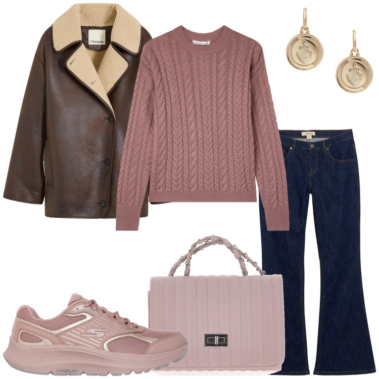 Outfit donna - Un giorno casual. Stile Casual per Tutti i giorni. Abbinamento con blazer, jeans a zampa, maglieria, orecchini, borse a tracolla, sneakers.