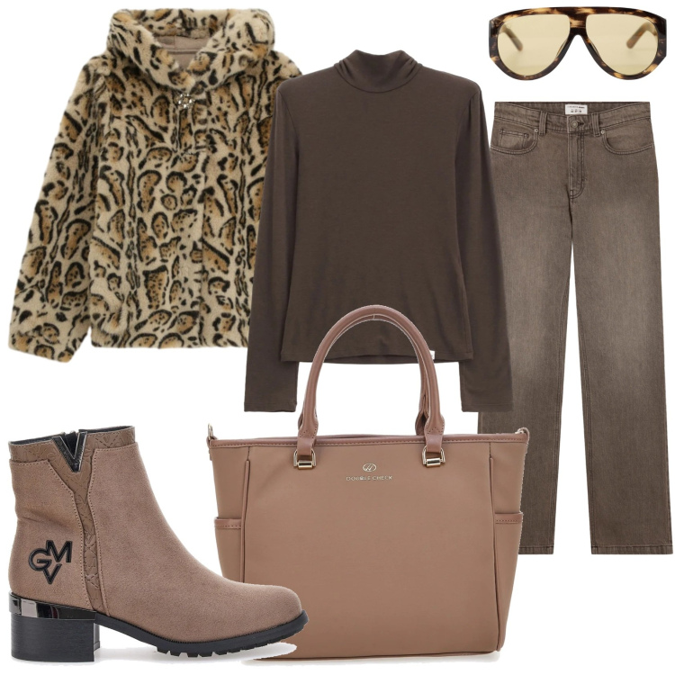 Outfit donna - Apertura di un negozio. Stile Casual chic per Tutti i giorni. Abbinamento con jeans bootcut, maglieria, ecopellicce, occhiali da sole, borse a tracolla, stivaletti.