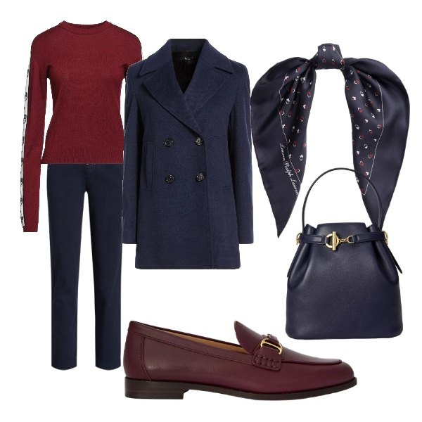 Outfit donna - il mocassino. Stile Casual per Ufficio. Abbinamento con cappotti, pullovers, pantaloni corti, mocassini, foulard, borse a secchiello.