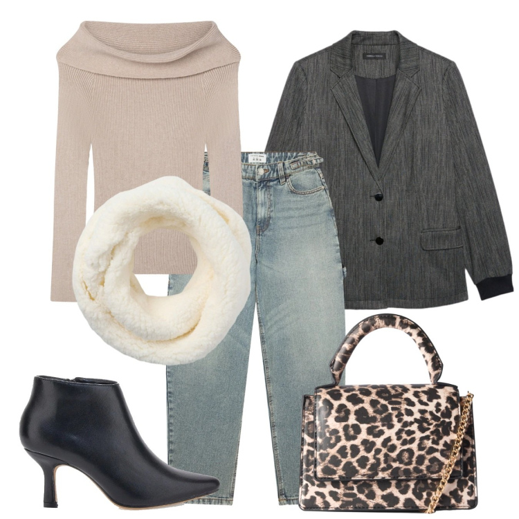 Outfit donna - Scaldacollo. Stile Bon Ton per Tutti i giorni. Abbinamento con maglieria, jeans, sciarpe, borse a tracolla, stivaletti, blazer.