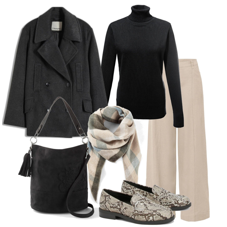 Outfit femme - Janvier. Style Basique pour Tous les jours. Assortir avec pantalon large en bas, foulards, pulls, sacs à main, caban, mocassins.