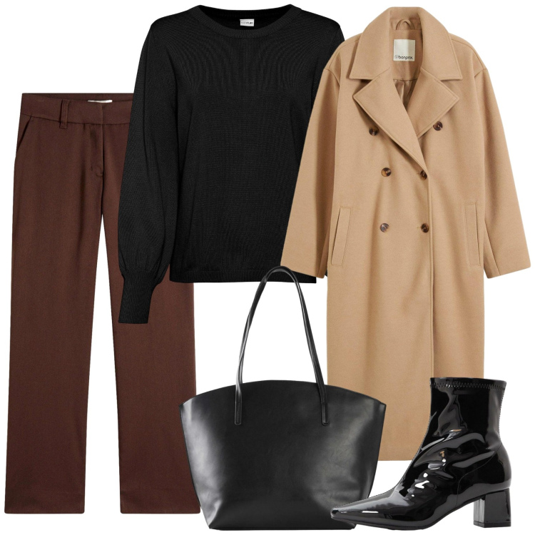 Outfit donna - Caldo minimale. Stile Minimal per Ufficio. Abbinamento con pantaloni, maglieria, cappotti, shopping bag, stivaletti.