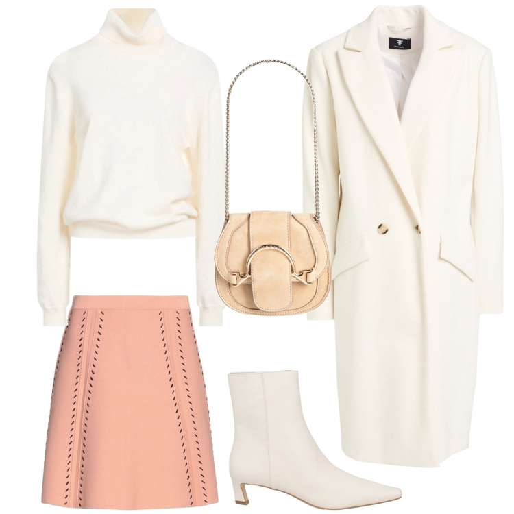 Outfit donna - Strati chiari. Stile Minimal per Serata fuori. Abbinamento con cappotti, minigonne, stivaletti, marsupi, maglieria.