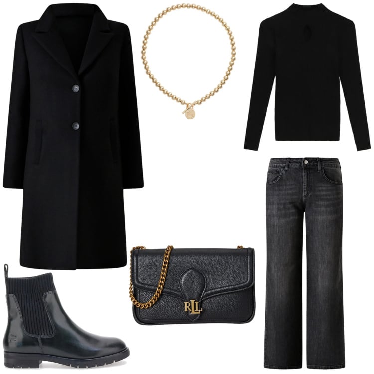 Outfit donna - Elegant Winter colors. Stile Chic per Tutti i giorni. Abbinamento con maglieria, collane, clutch, jeans dritti, cappotti, stivaletti.