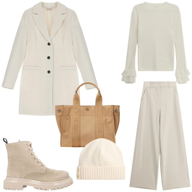 Outfit donna - Winter glam. Stile Casual chic per Tutti i giorni. Abbinamento con anfibi, cappotti, maglieria, pantaloni a palazzo, borse tote, berretti.