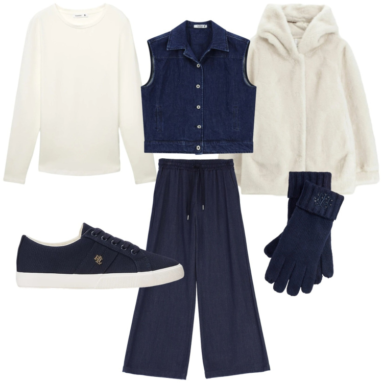 Outfit donna - Total look #2321775. Stile Trendy per Tutti i giorni. Abbinamento con ecopellicce, t-shirt, jeans, gilet, sneakers, guanti.