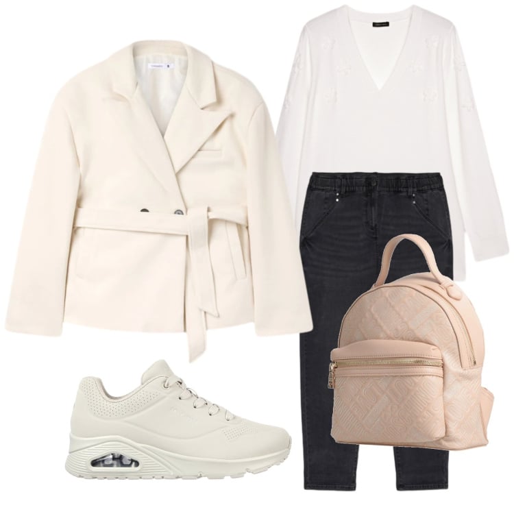 Outfit donna - Minimal cozy. Stile Minimal per Tutti i giorni. Abbinamento con zaini, blazer, sneakers, jeans, maglieria.