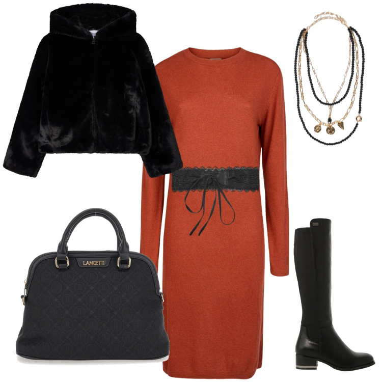 Outfit donna - Pomeriggio di shopping. Stile Urban per Tutti i giorni. Abbinamento con ecopellicce, cinture, stivali sopra il ginocchio, vestiti midi/longuette, borse a spalla, collane.