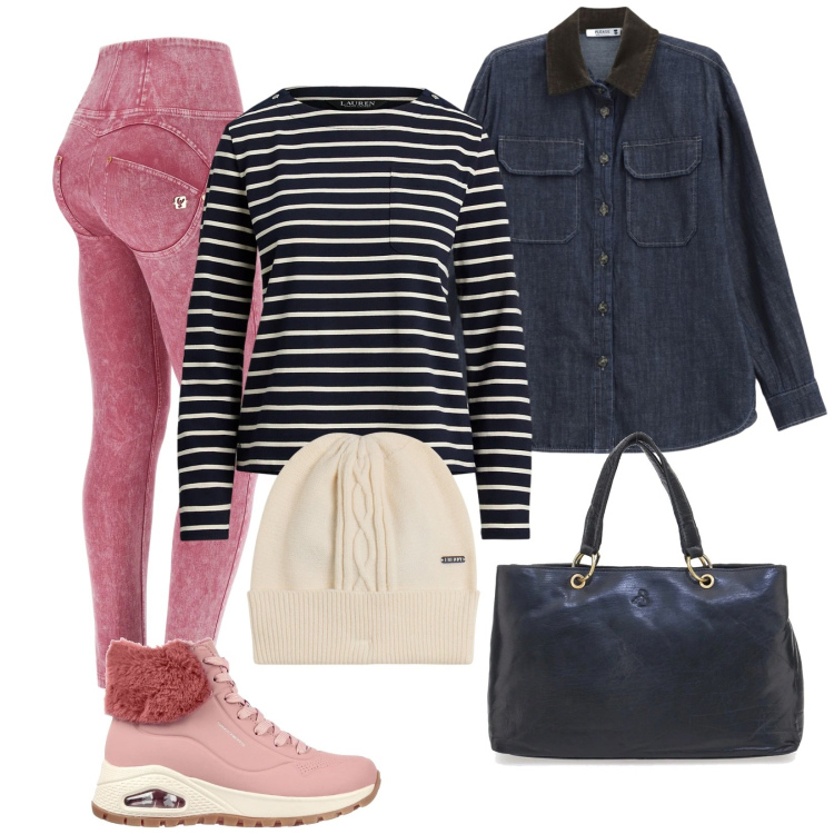 Outfit donna - Total look #2321785. Stile Sporty chic per Tutti i giorni. Abbinamento con camicie, jeans skinny, berretti, maglieria, stivaletti, borse a mano.