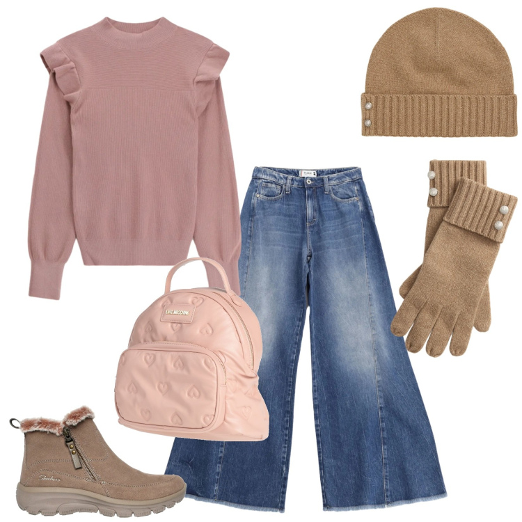 Outfit donna - Total look #2321786. Stile Casual chic per Tutti i giorni. Abbinamento con zaini, maglieria, jeans a zampa, guanti, berretti, stivaletti.