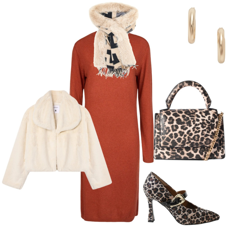 Outfit donna - Total look #2321787. Stile Chic per Serata fuori. Abbinamento con ecopellicce, borse a tracolla, décolleté, orecchini, vestiti midi/longuette, cappe.