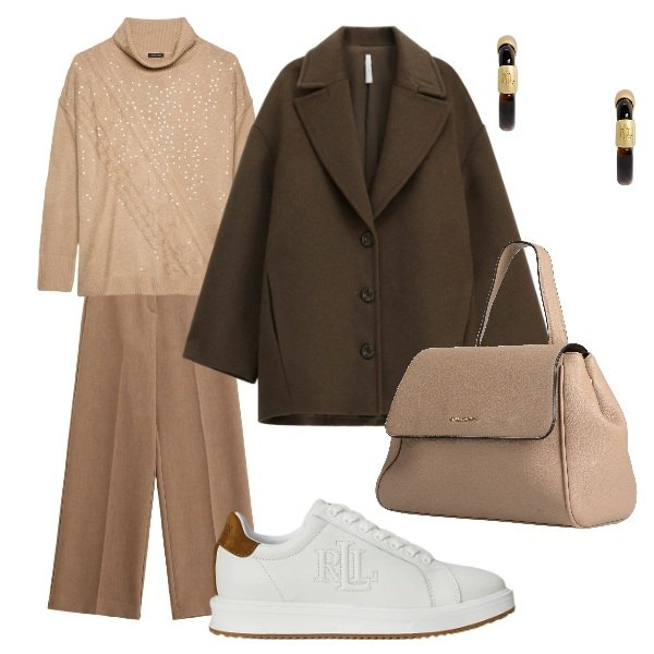 Outfit donna - in ufficio. Stile Casual per Ufficio. Abbinamento con zaini, cappotti, pantaloni, orecchini, sneakers, maglieria.