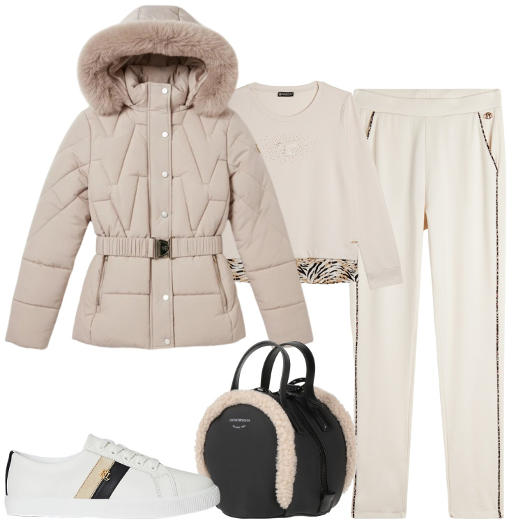 Outfit donna - Toni chiari e comfy. Stile Casual chic per Tutti i giorni. Abbinamento con zaini, felpe, pantaloni, sneakers, piumini.